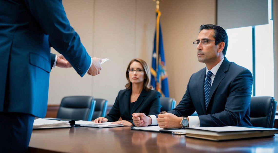 A courtroom scene with a lawyer defending a client against federal tax crime charges in Arizona