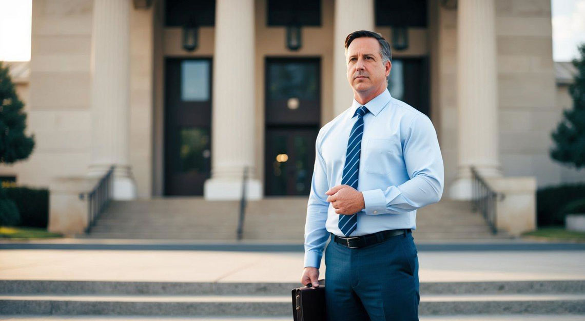 A criminal defense attorney standing in front of a courthouse, holding a briefcase and looking determined