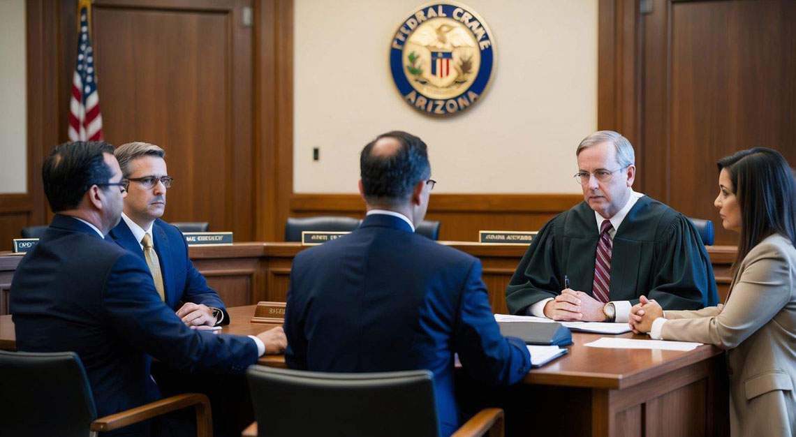 A courtroom with a judge, defendant, and attorney discussing federal tax crimes in Arizona