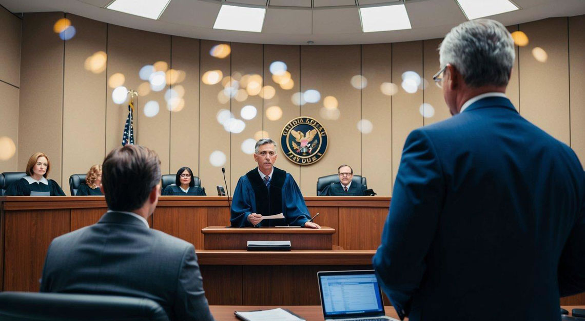 A courtroom with a judge, jury, and defendant's attorney presenting evidence for a federal tax crime case in Arizona