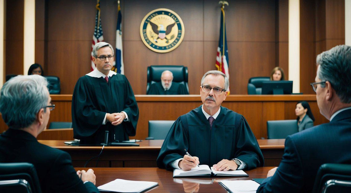 A courtroom with a judge, jury, and defendant's lawyer presenting evidence for a federal tax crime case in Arizona